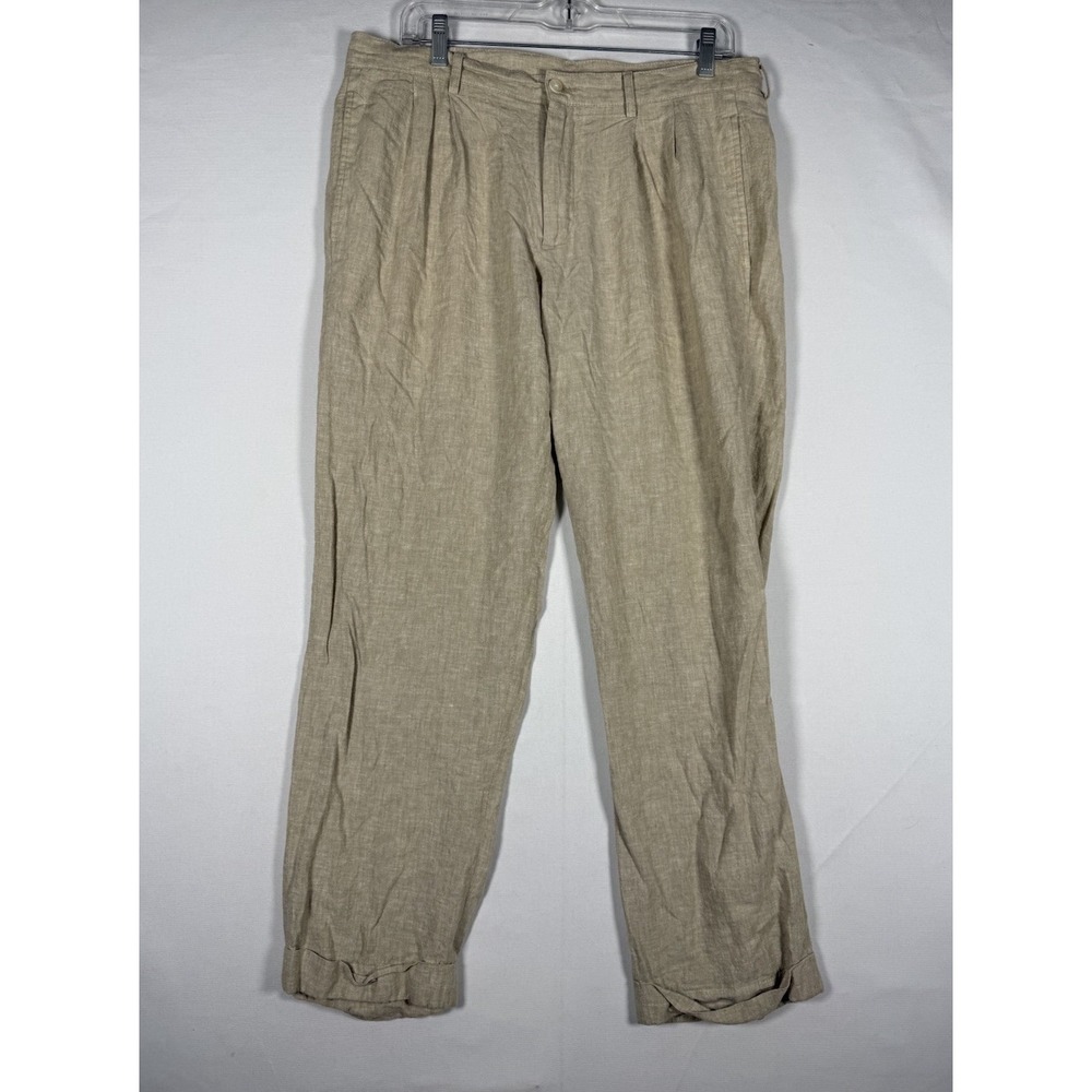 Alan Flusser Pants Mens 36x30 (35x28 Measured) Beige Linen Blend Pleated Cuffed
